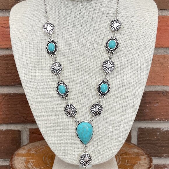 Faux Turquoise Concho & Sunburst Lariat Necklace - Picture 2 of 3